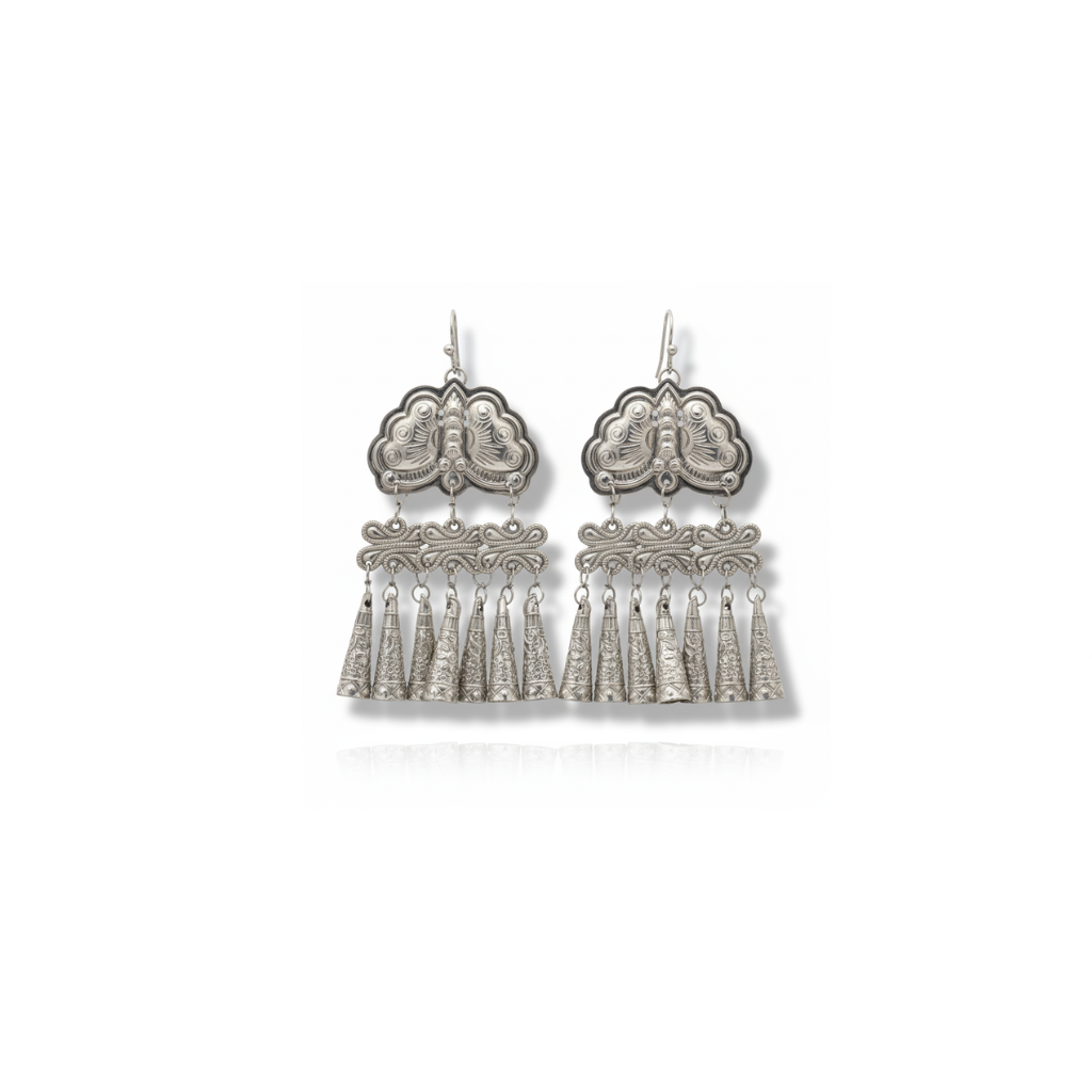 Miao Silver Earrings - Double Ornament Bells (Duality) | Ethnic Jewelry