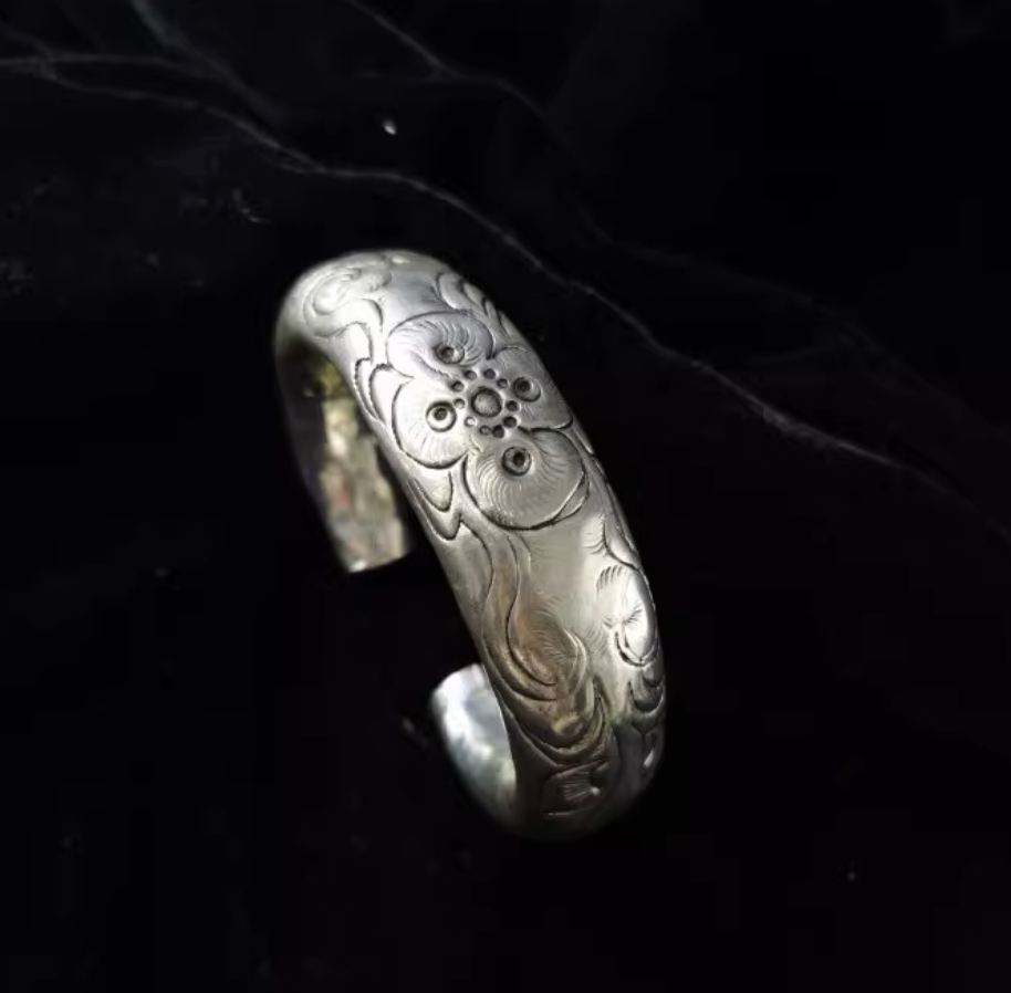 Miao Silver Hollow Carved Bangle - Wide Statement Cuff