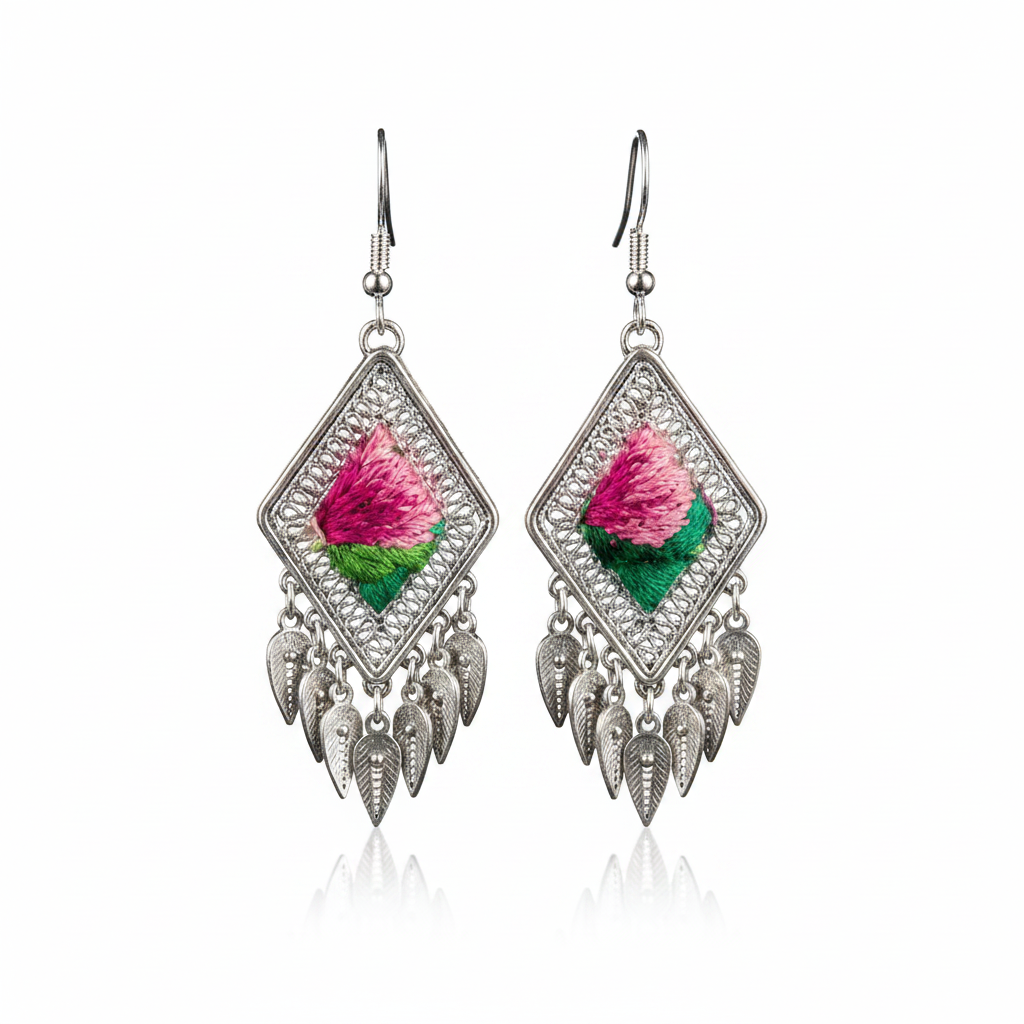 Miao Silver Earrings with Vintage Embroidery - Short Drop