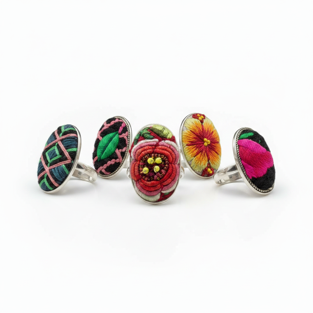 Miao Silver Ring with Vintage Embroidery Inlay