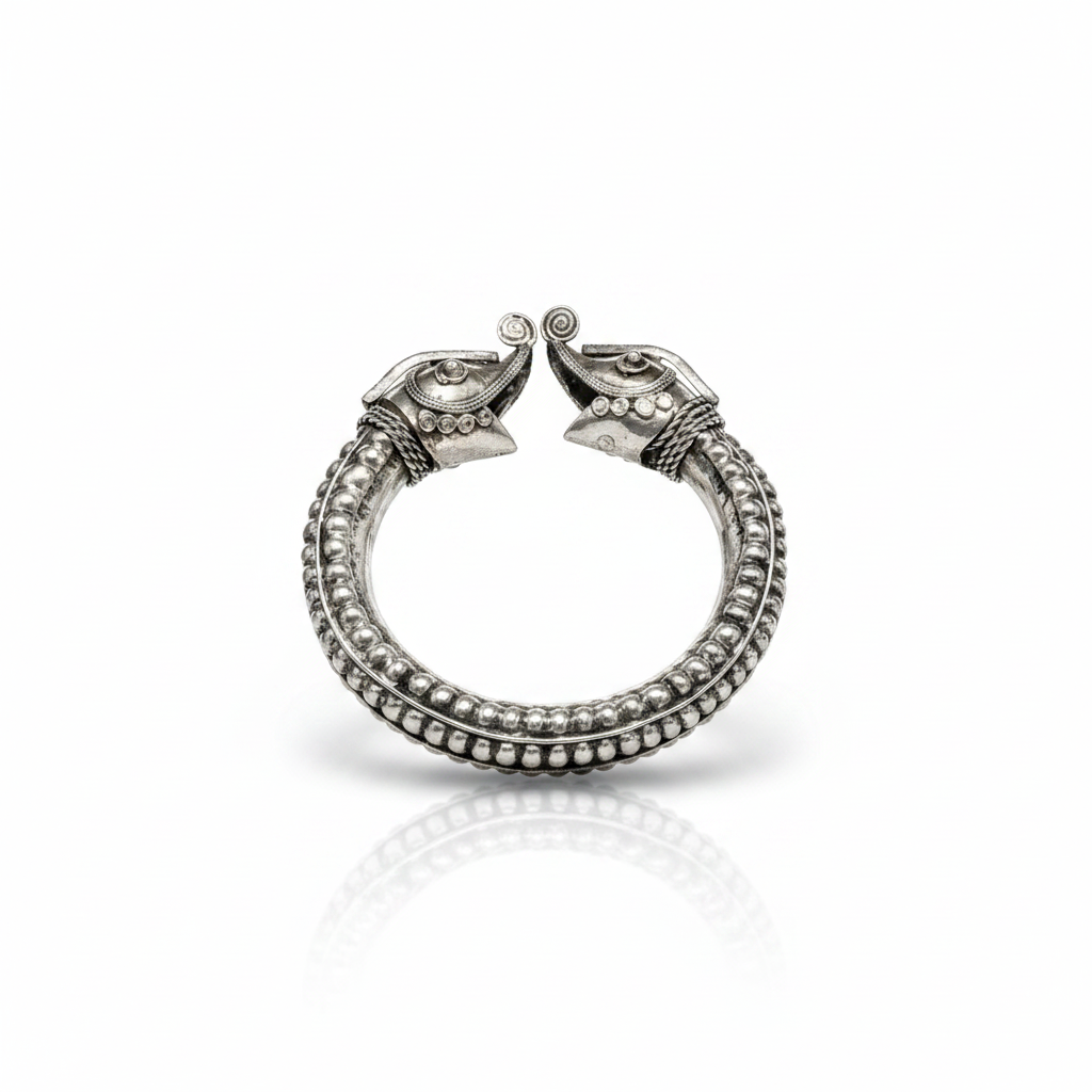 Miao Silver Crocodile Head Bracelet - Tribal Totem Design