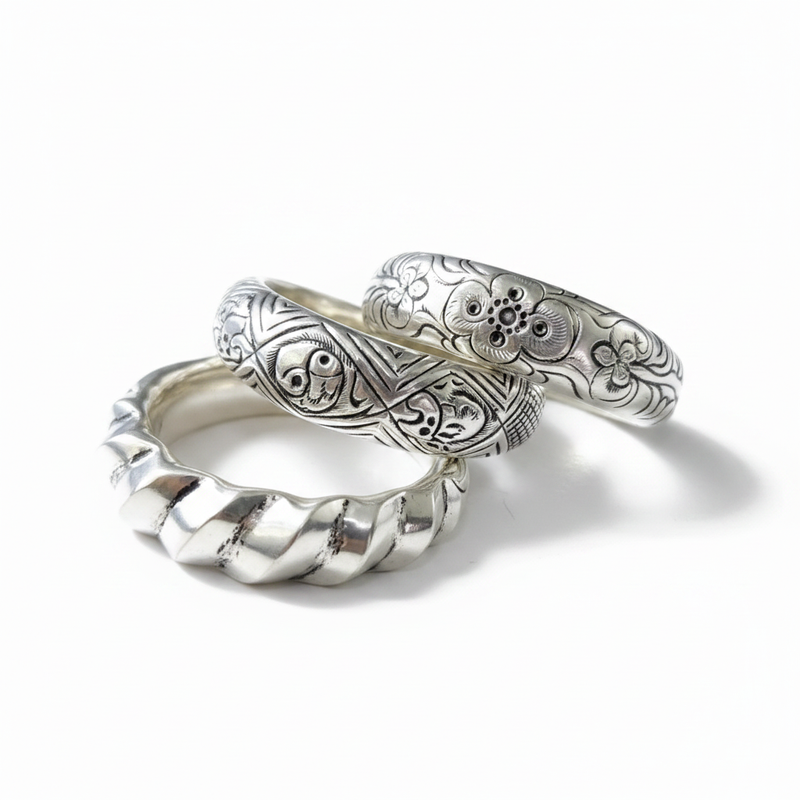 Miao Silver Hollow Carved Bangle - Wide Statement Cuff