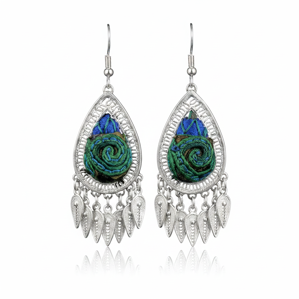 Miao Silver Earrings with Vintage Embroidery - Short Drop