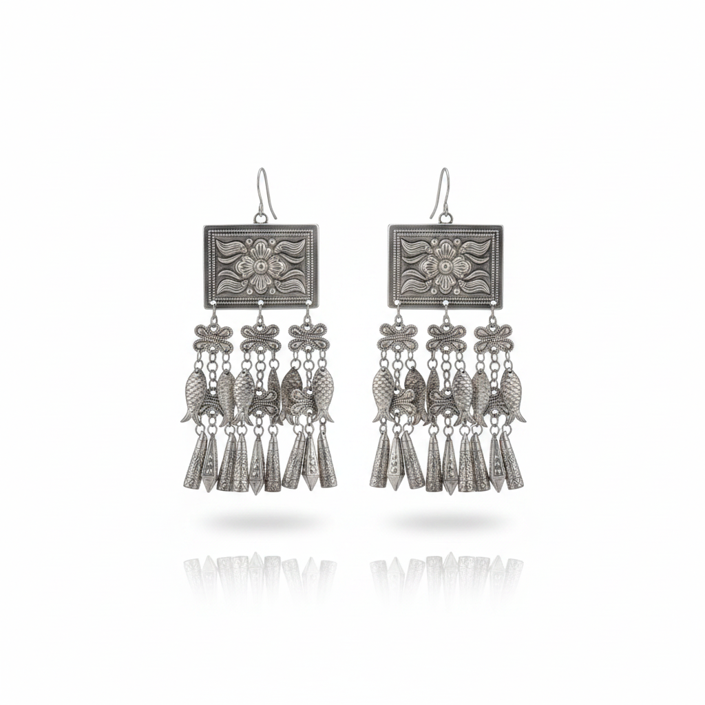 Miao Silver Earrings - Geometric Squares (Stability) | Ethnic Jewelry