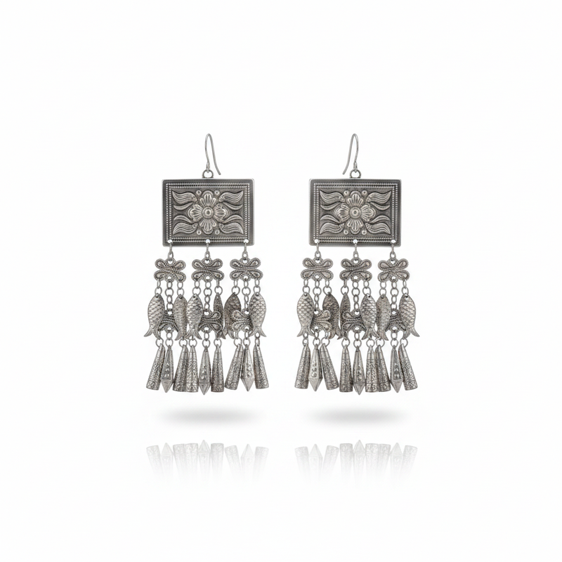 Miao Silver Earrings - Geometric Squares (Stability) | Ethnic Jewelry