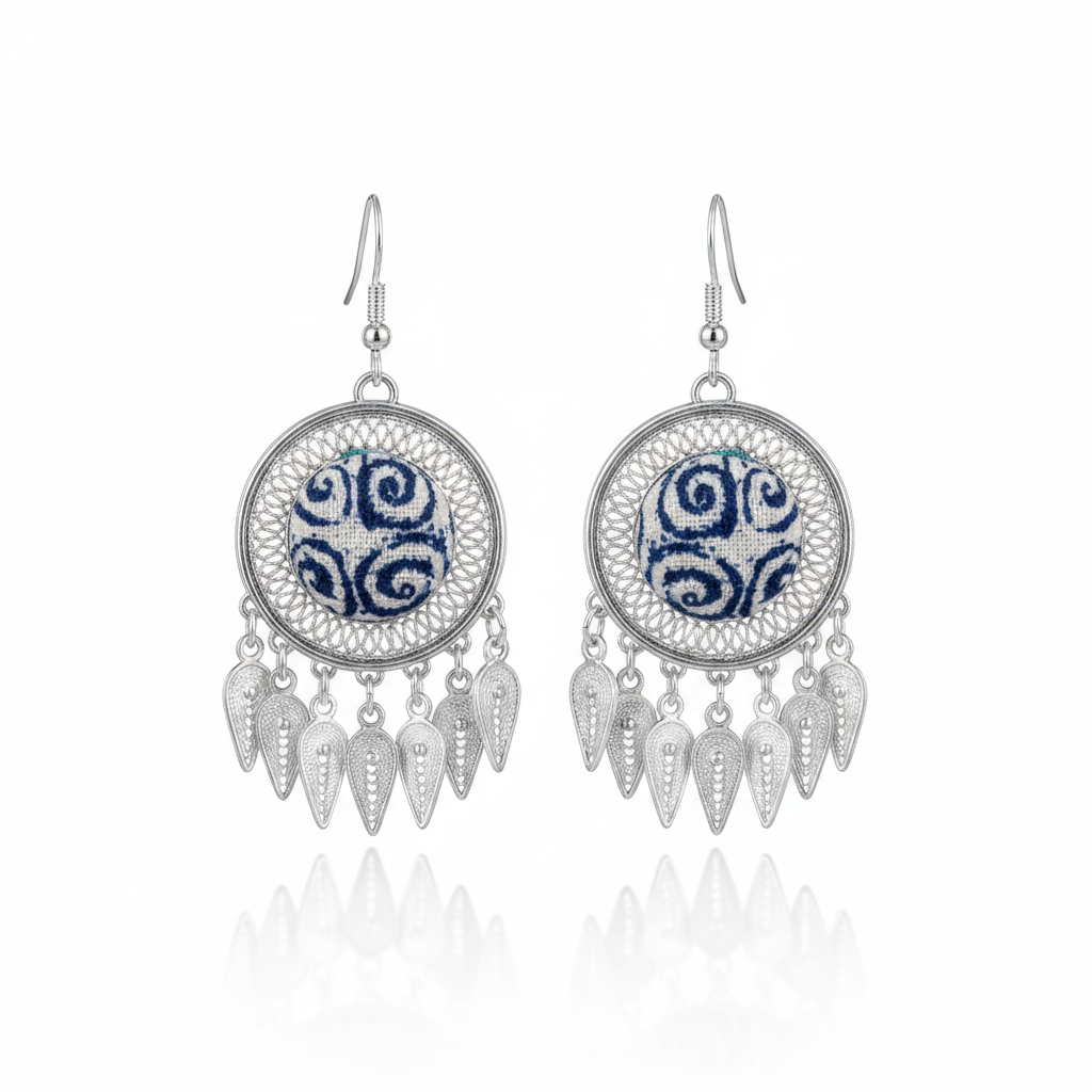 Miao Silver Earrings with Vintage Embroidery - Short Drop