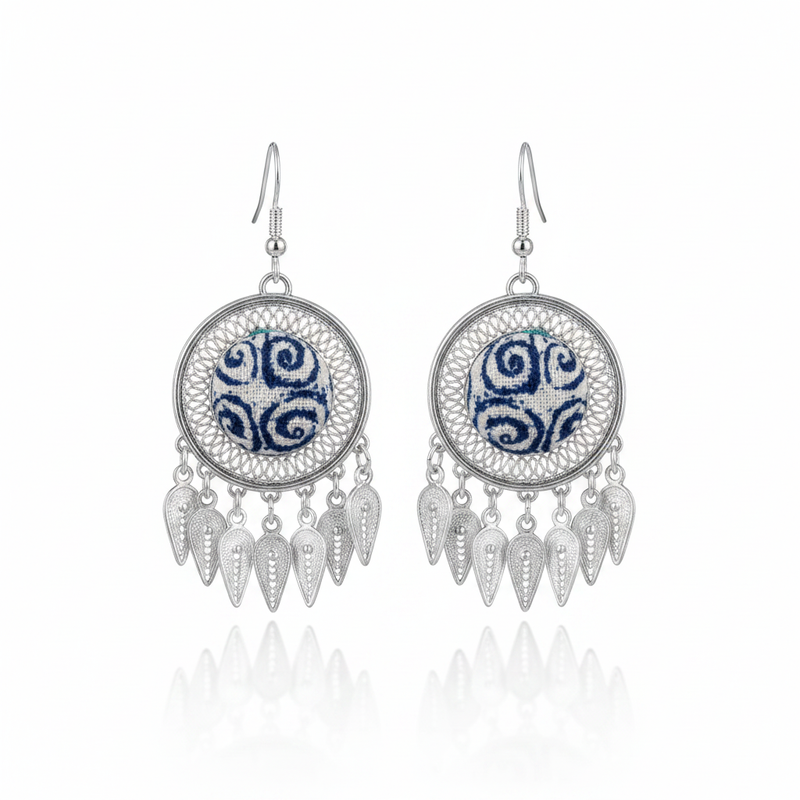 Miao Silver Earrings with Vintage Embroidery - Short Drop