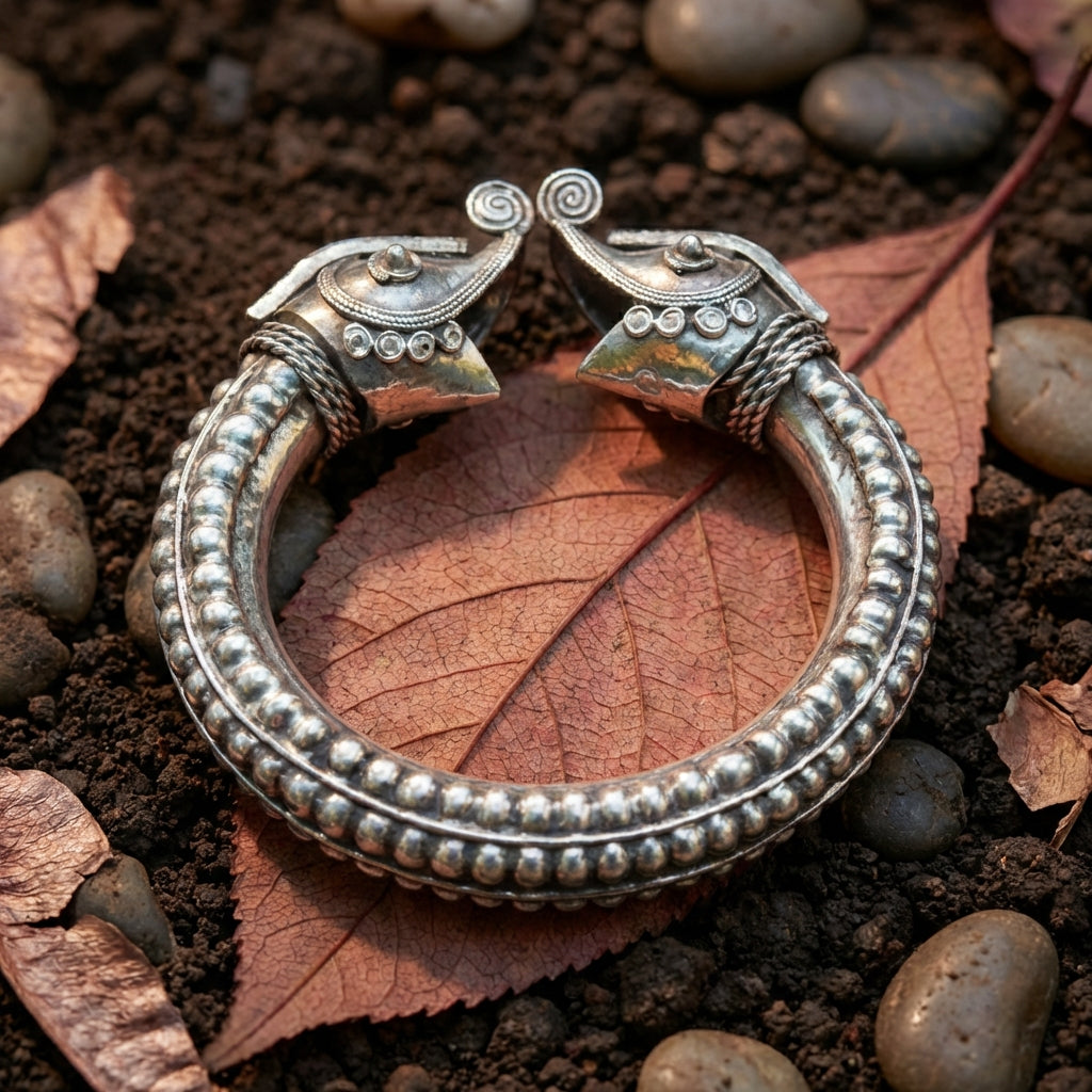 Miao Silver Crocodile Head Bracelet - Tribal Totem Design