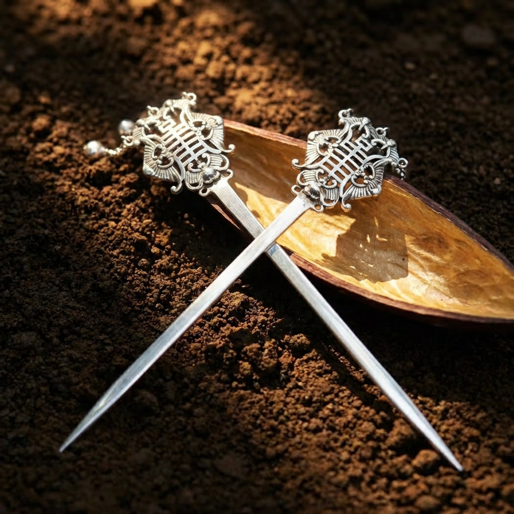 Silver Hairpin Tea Knife - Wan symbol (卍 - Buddhist symbol) | Miao Artifact