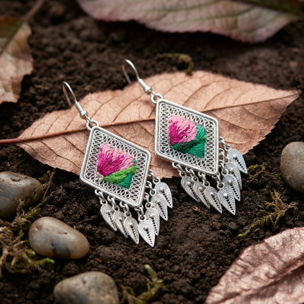 Miao Silver Earrings with Vintage Embroidery - Short Drop