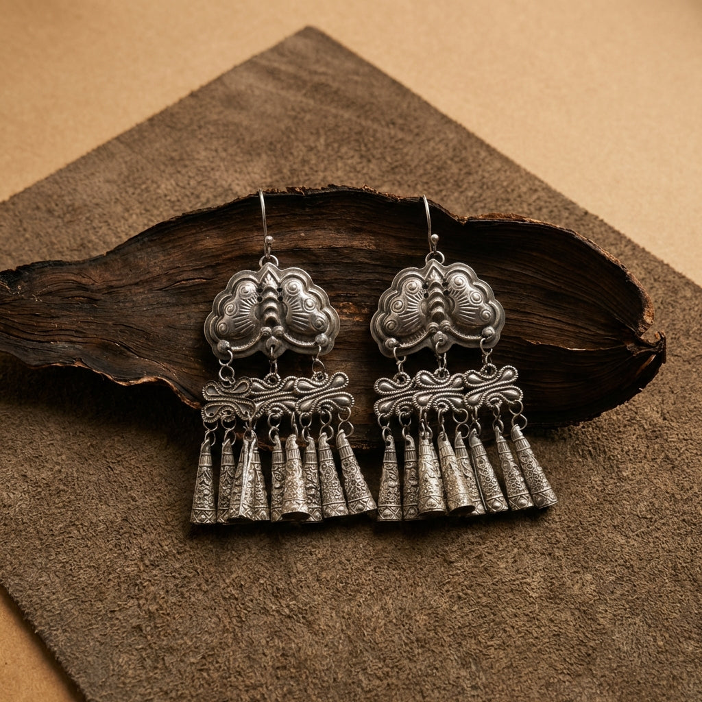 Miao Silver Earrings - Double Ornament Bells (Duality) | Ethnic Jewelry