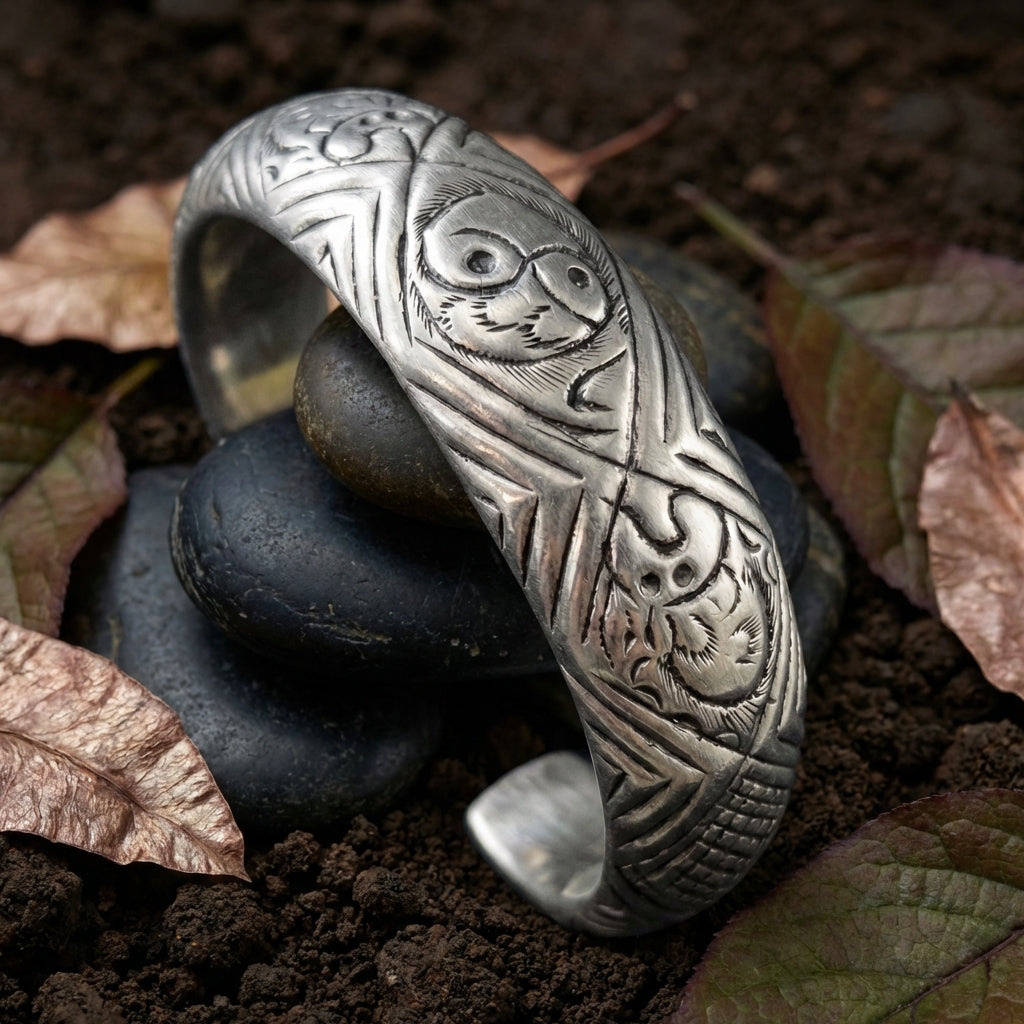 Miao Silver Hollow Carved Bangle - Wide Statement Cuff