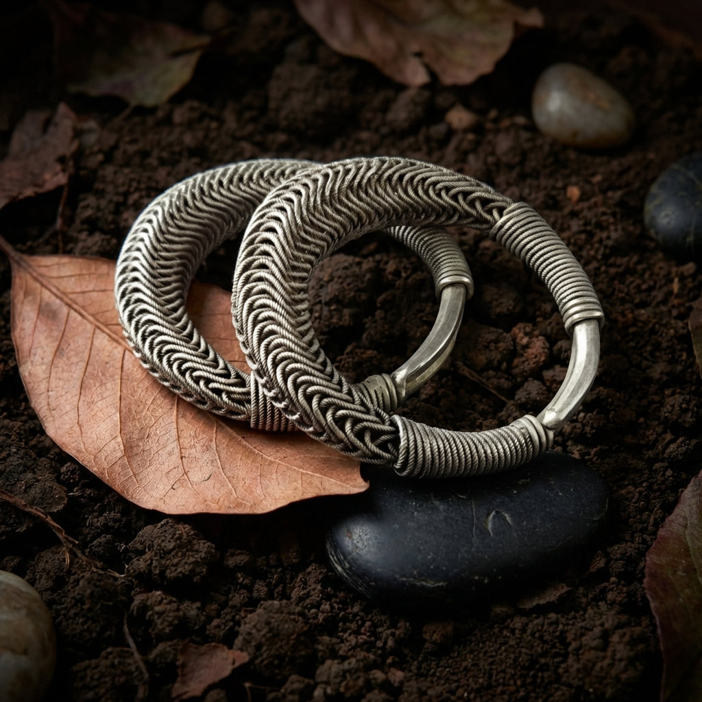 Miao Silver Twisted Wire Bracelet - Adjustable Open Cuff