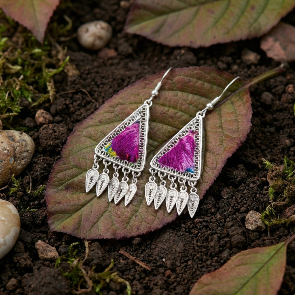 Miao Silver Earrings with Vintage Embroidery - Short Drop