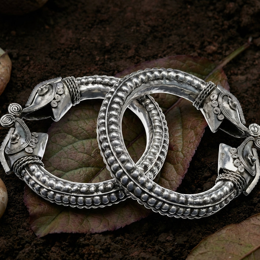 Miao Silver Crocodile Head Bracelet - Tribal Totem Design