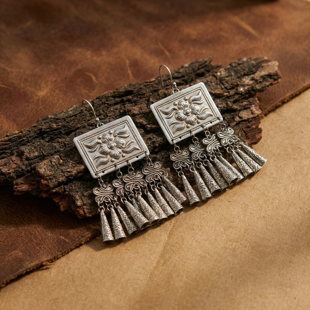 Miao Silver Earrings - Geometric Squares (Stability) | Ethnic Jewelry
