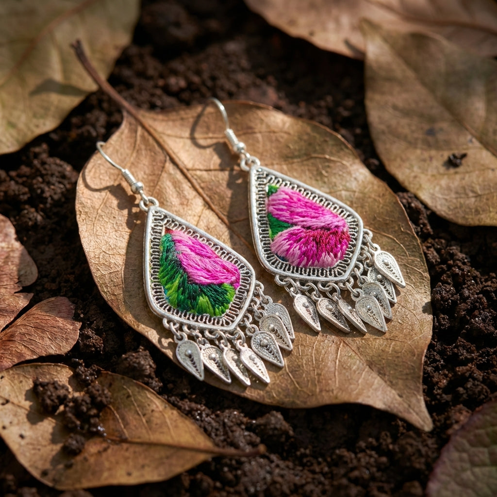 Miao Silver Earrings with Vintage Embroidery - Short Drop