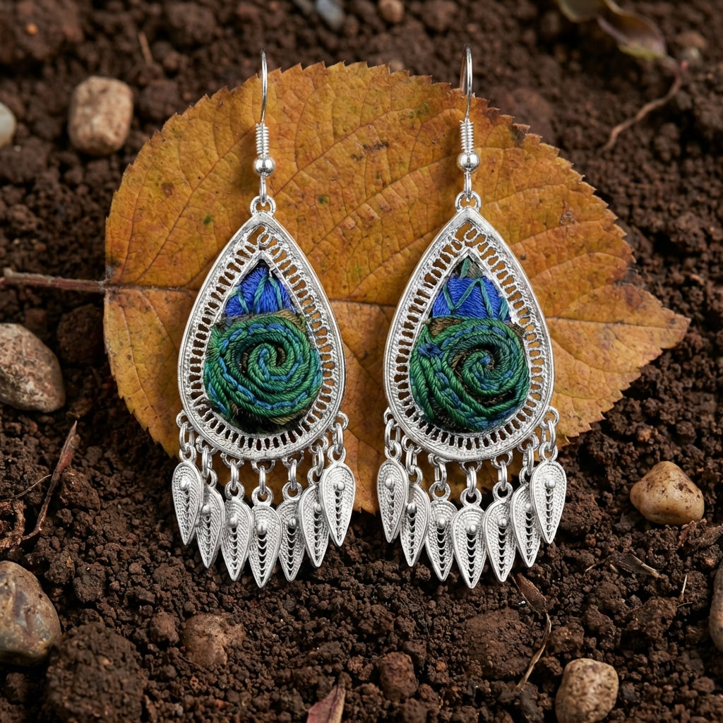 Miao Silver Earrings with Vintage Embroidery - Short Drop
