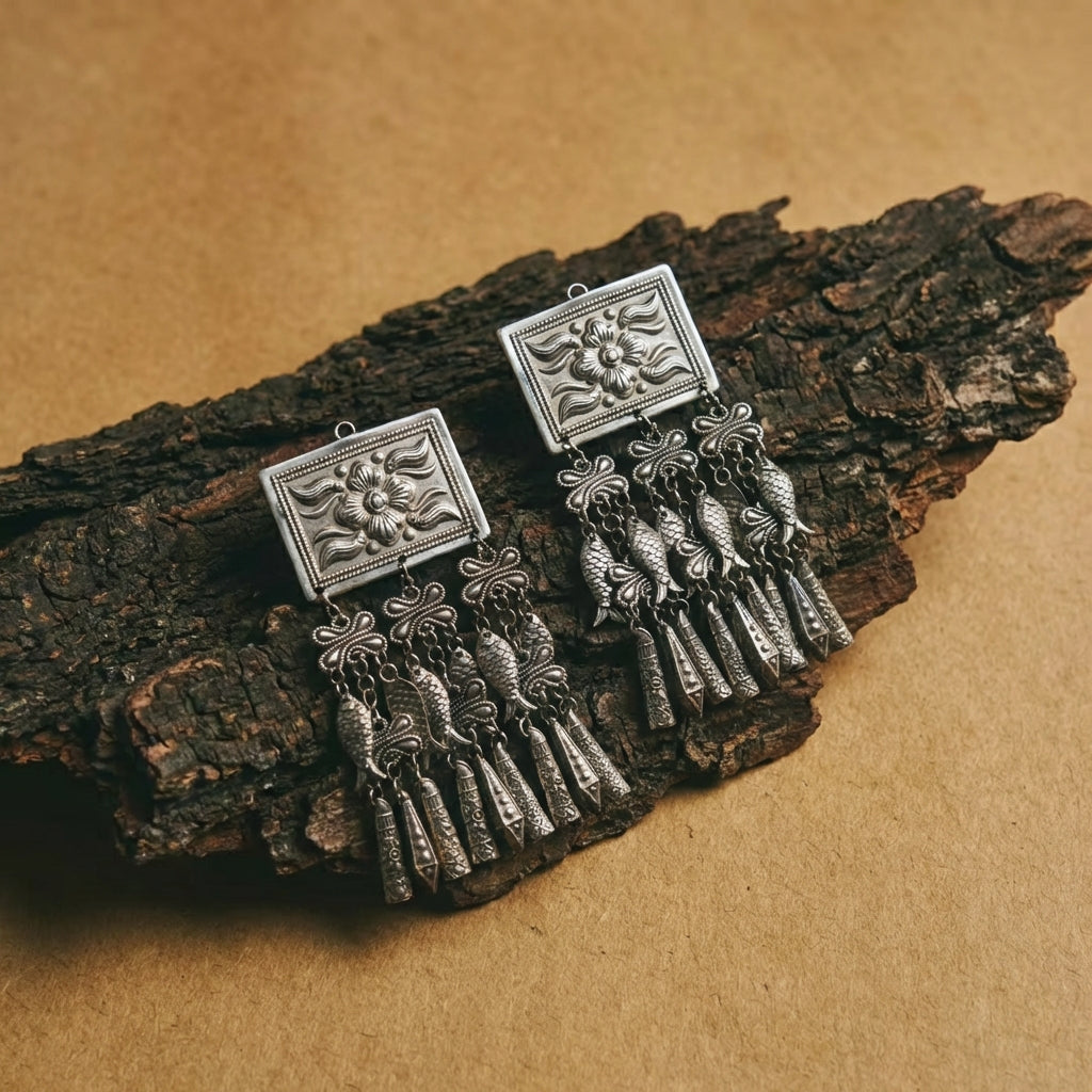 Miao Silver Earrings - Geometric Squares (Stability) | Ethnic Jewelry