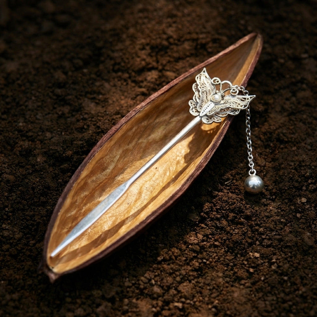 Silver Hairpin Tea Knife - Butterfly (Romance & Joy) | Miao Artifact
