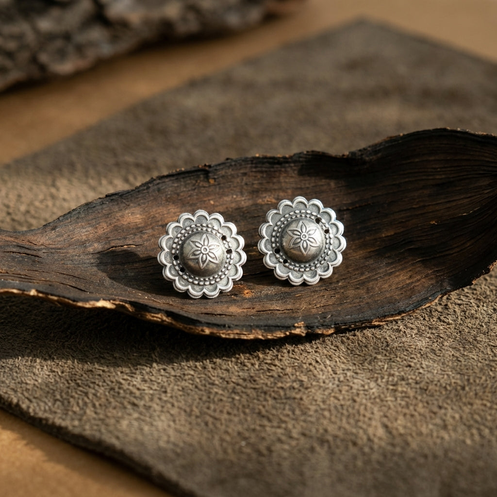 Miao Silver Earrings - Five-Petal Flower (Five blessings) | Ethnic Jewelry