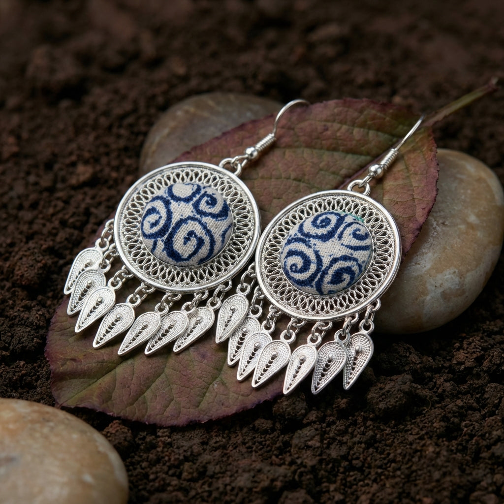 Miao Silver Earrings with Vintage Embroidery - Short Drop