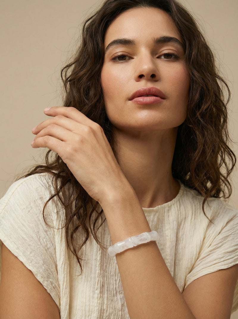 White Phantom Quartz Bamboo Bangle - Purity & Growth | Minimalist Cuff