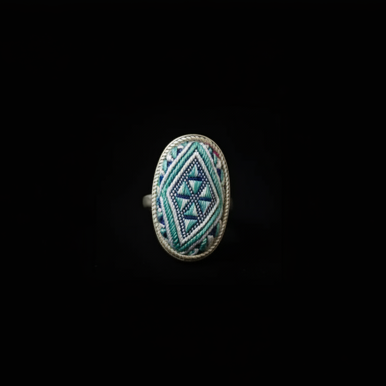 Miao Silver Ring with Vintage Embroidery Inlay