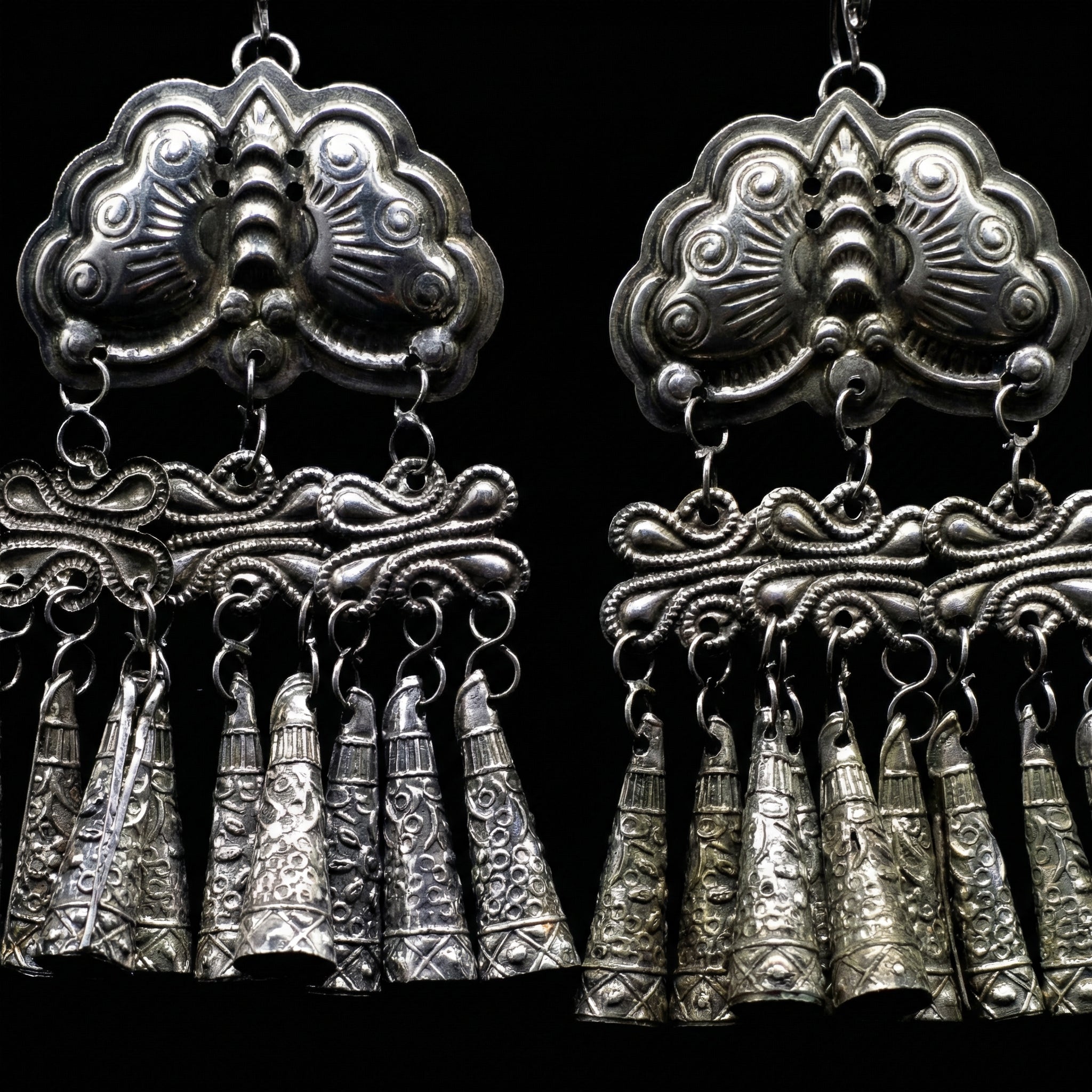 Miao Silver Earrings - Tiered Bells Large （Hot Seller）  | Ethnic Jewelry