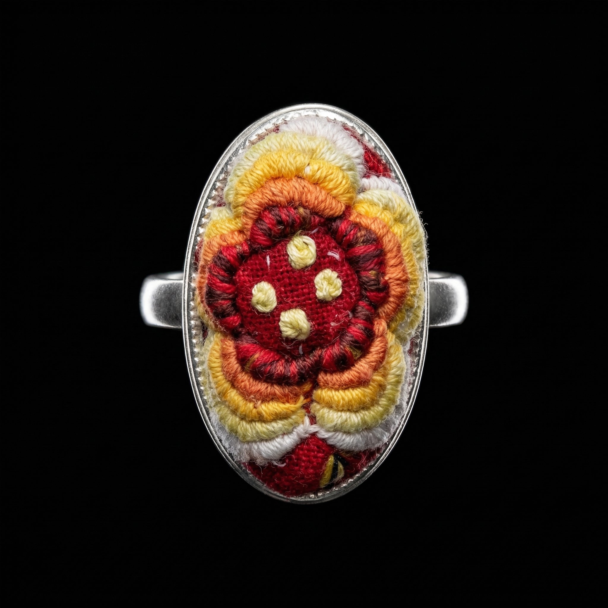 Miao Silver Ring with Vintage Embroidery Inlay