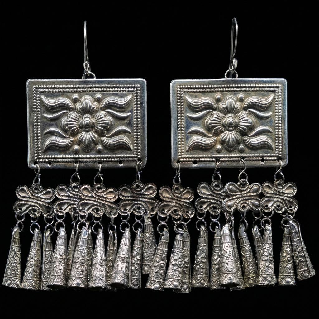 Miao Silver Earrings - Geometric Squares (Stability) | Ethnic Jewelry