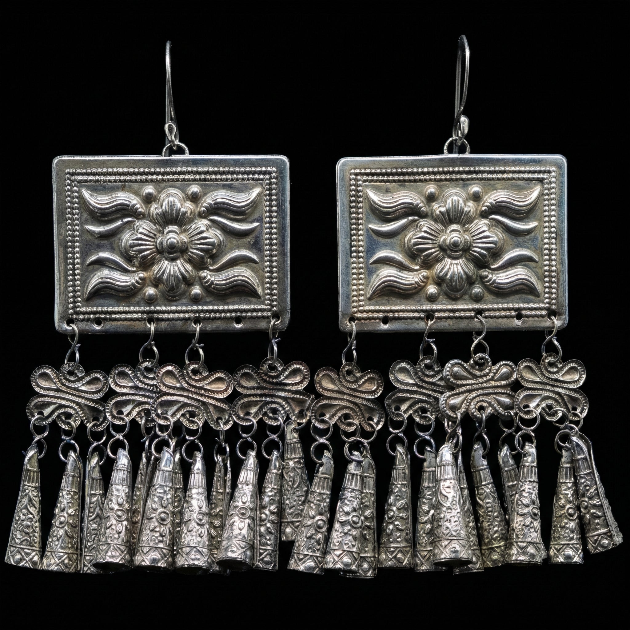Miao Silver Earrings - Geometric Squares (Stability) | Ethnic Jewelry