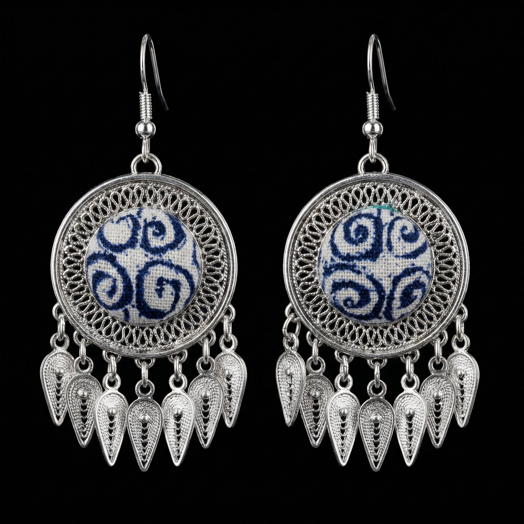 Miao Silver Earrings with Vintage Embroidery - Short Drop
