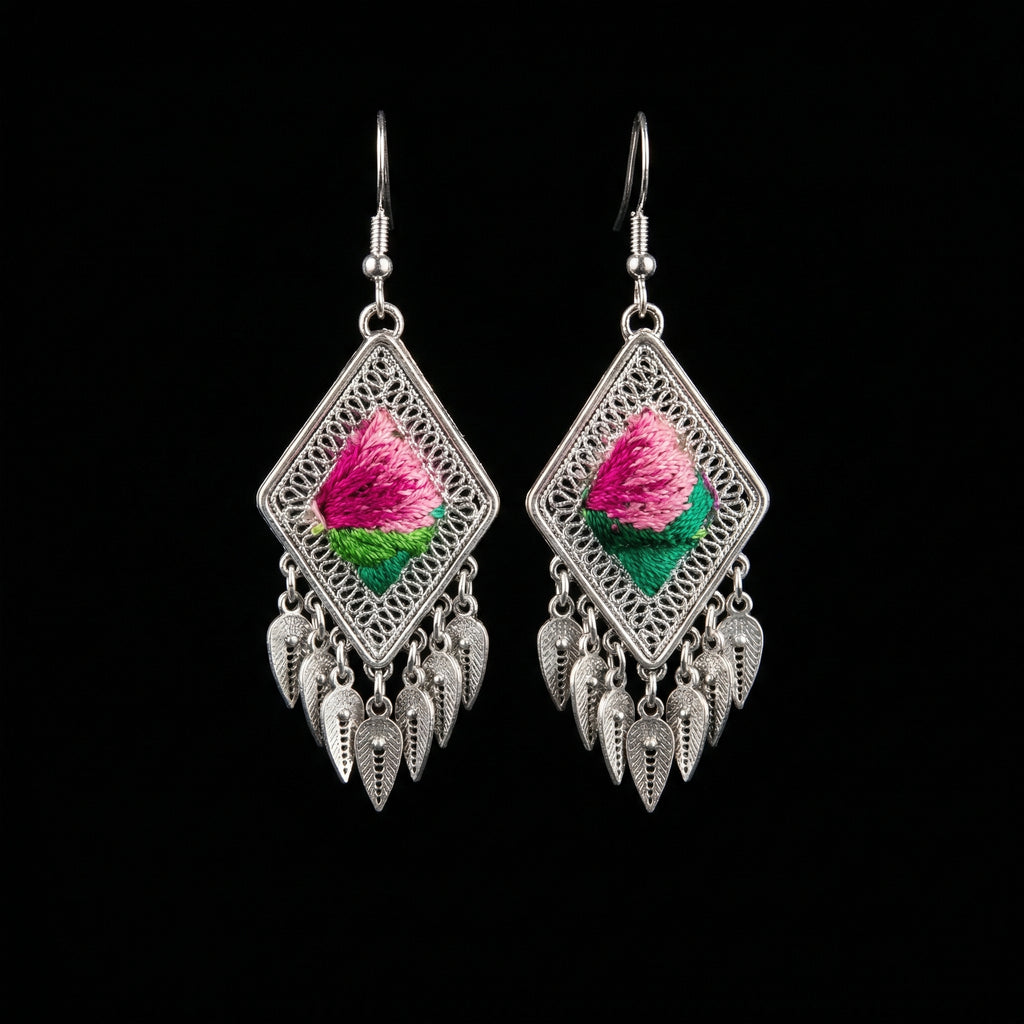 Miao Silver Earrings with Vintage Embroidery - Short Drop