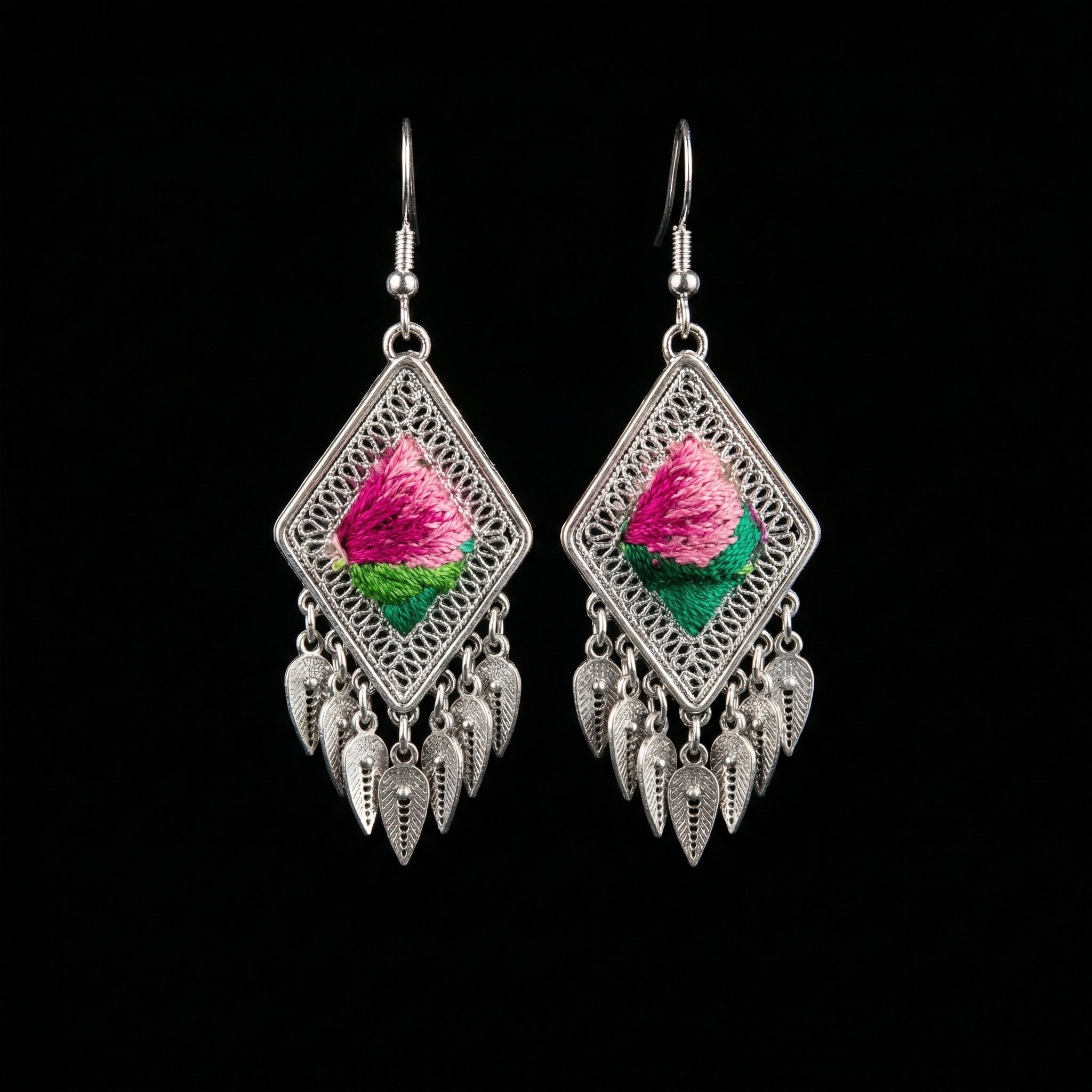 Miao Silver Earrings with Vintage Embroidery - Short Drop