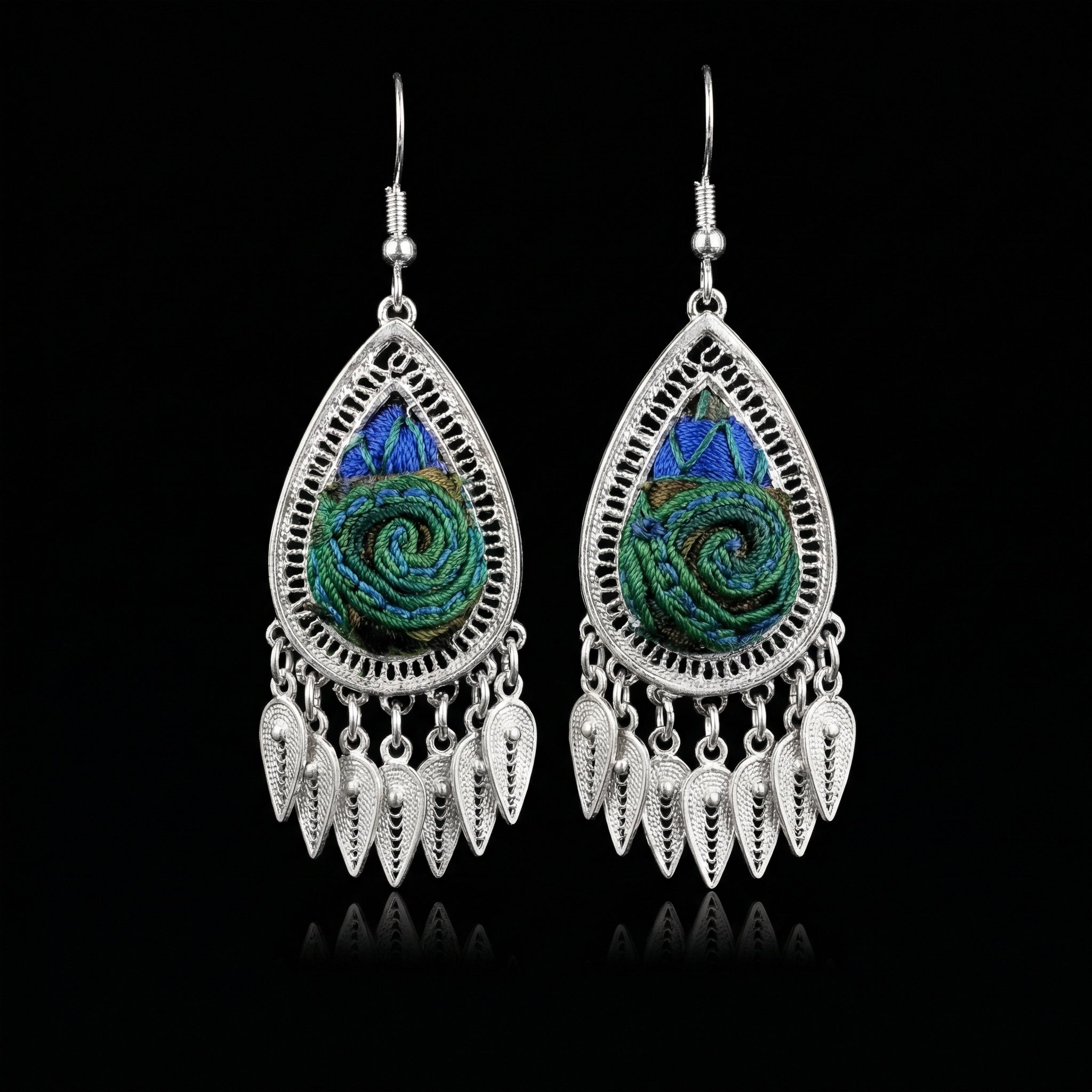 Miao Silver Earrings with Vintage Embroidery - Short Drop