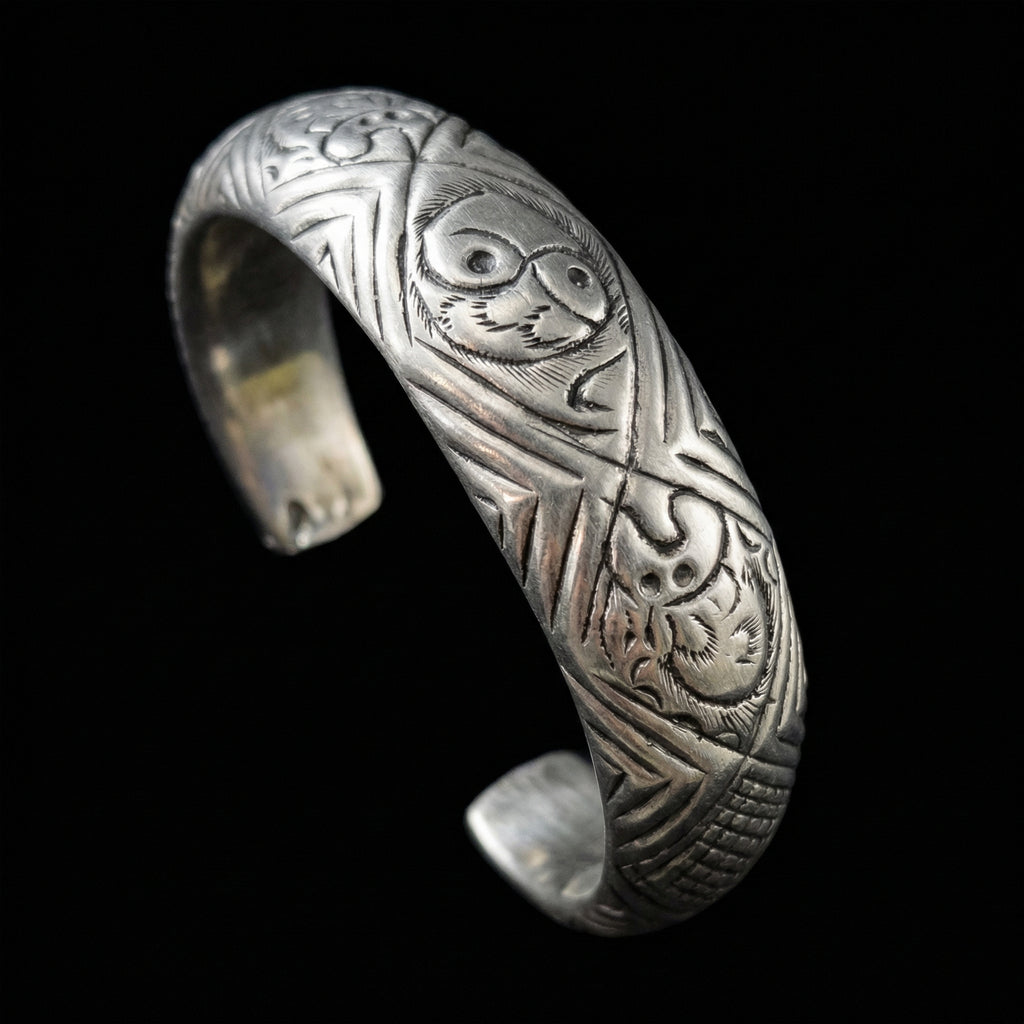 Miao Silver Hollow Carved Bangle - Wide Statement Cuff