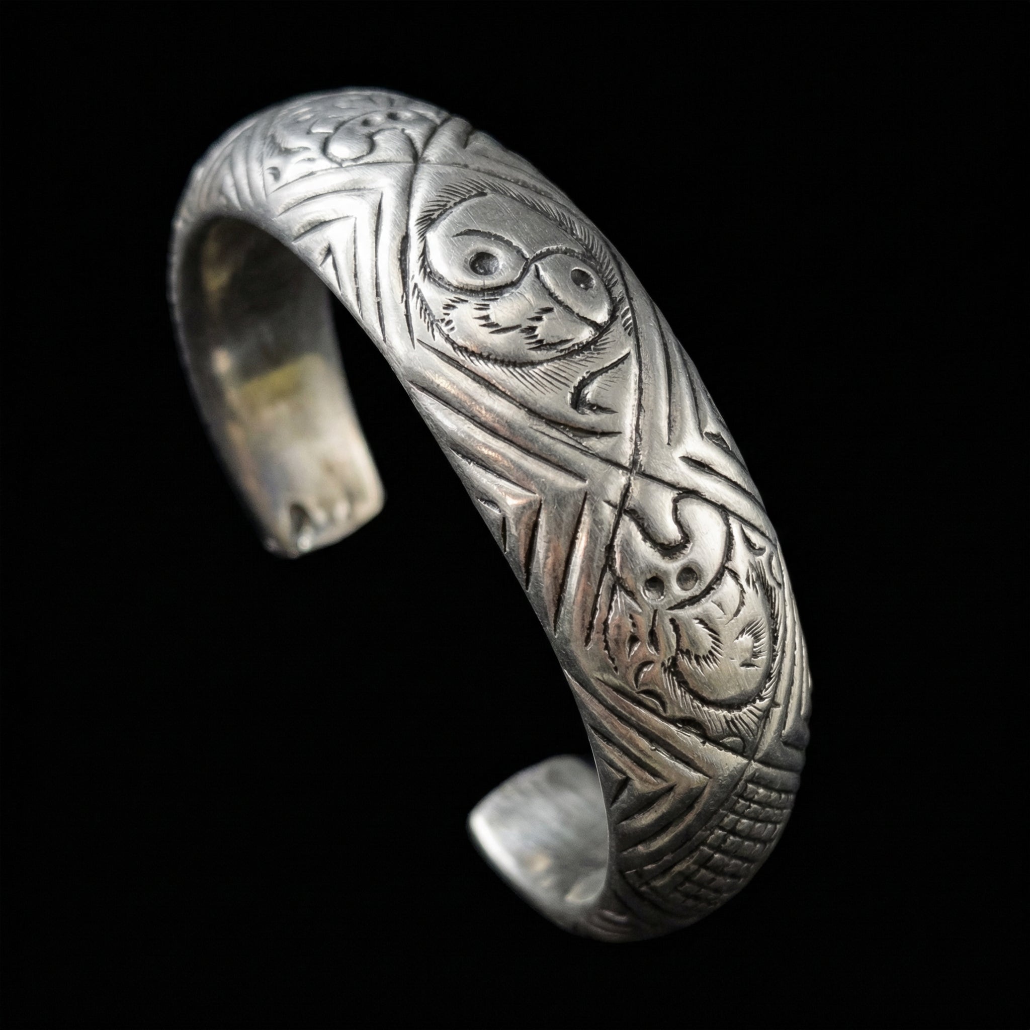 Miao Silver Hollow Carved Bangle - Wide Statement Cuff