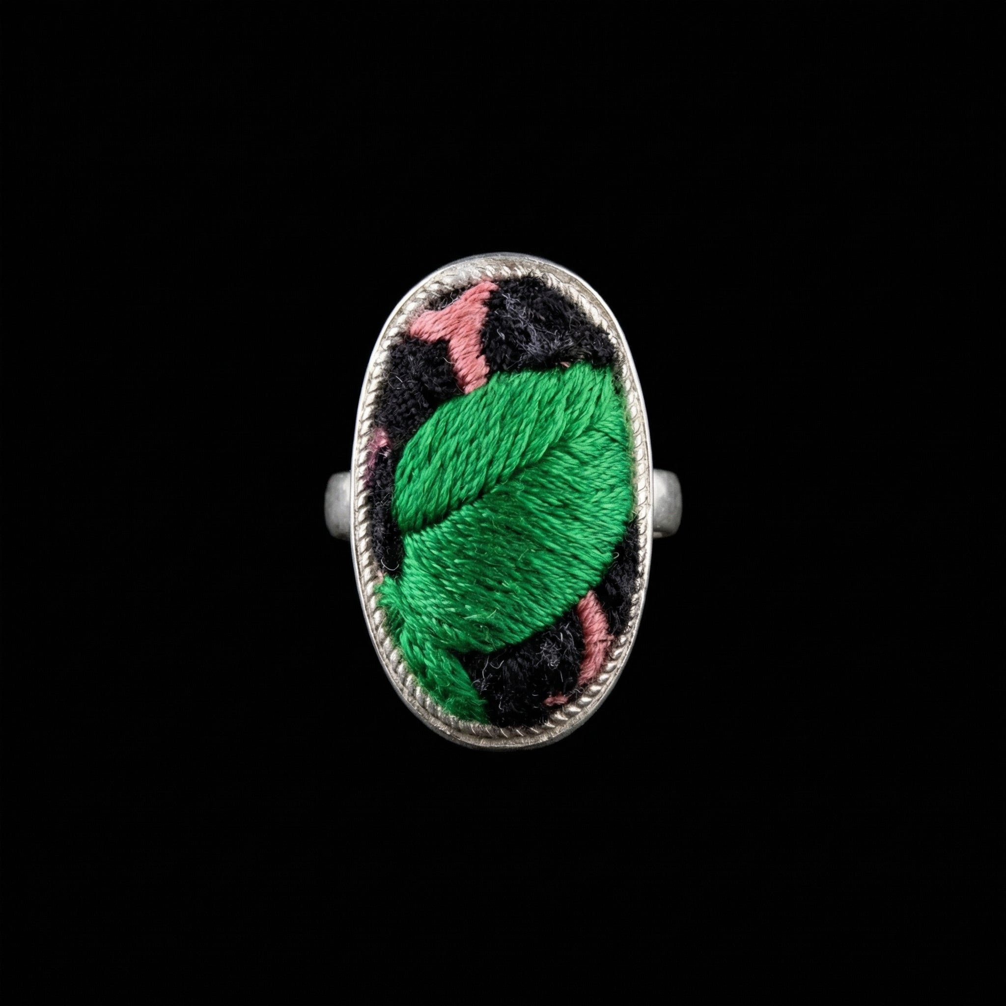 Miao Silver Ring with Vintage Embroidery Inlay