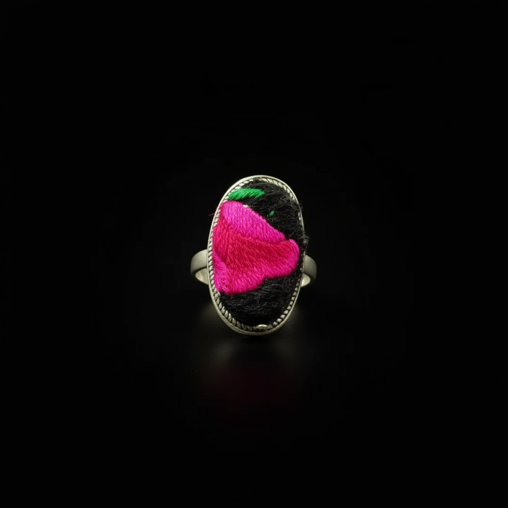 Miao Silver Ring with Vintage Embroidery Inlay