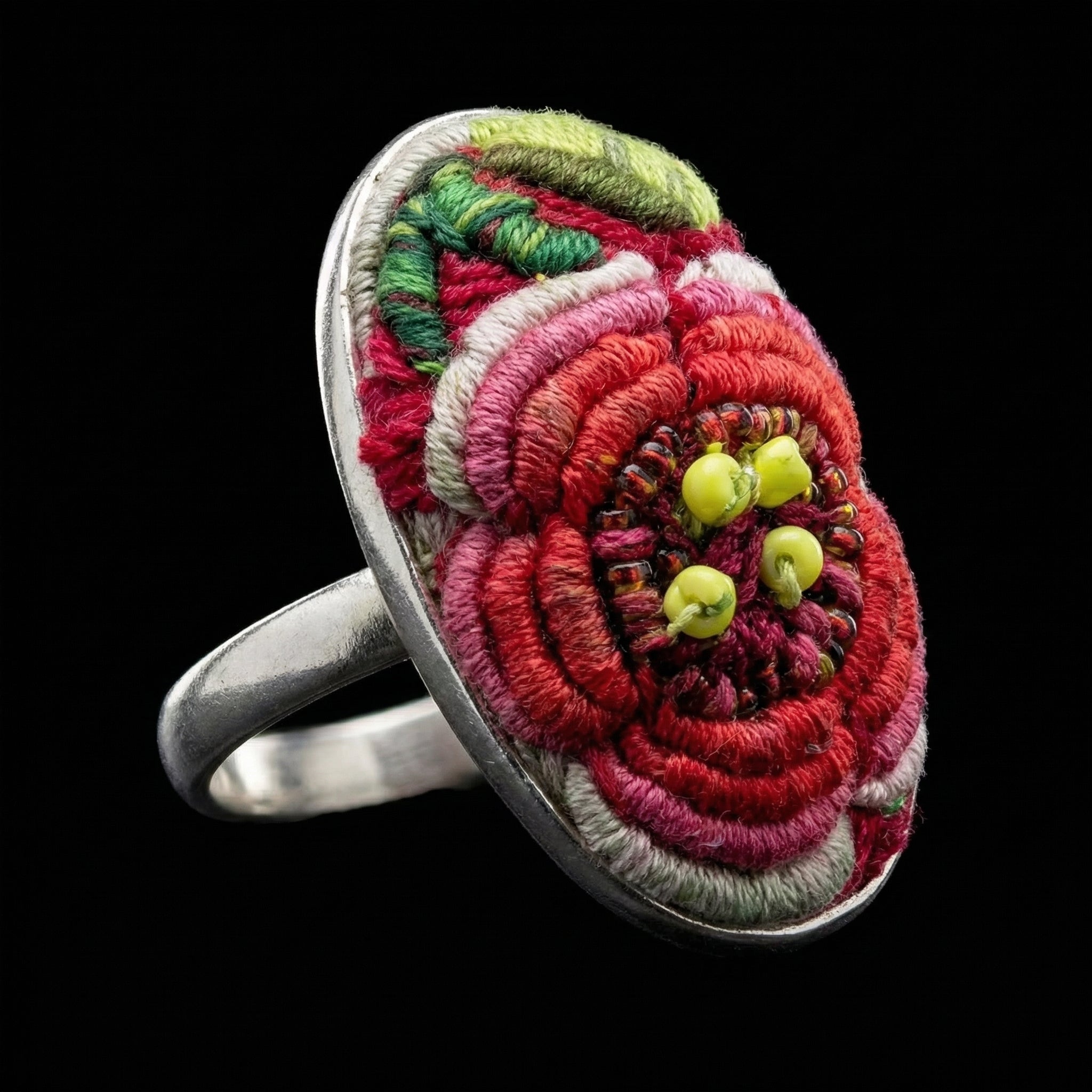 Miao Silver Ring with Vintage Embroidery Inlay