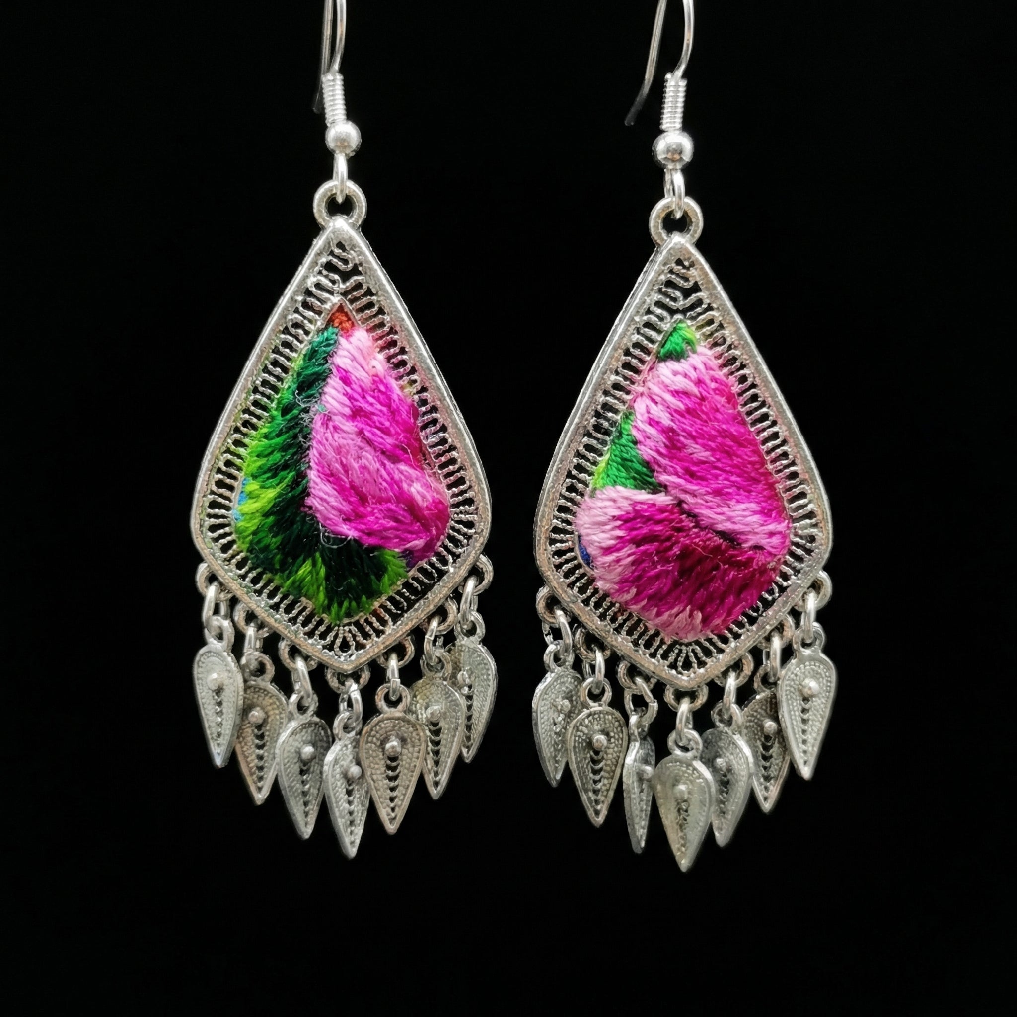 Miao Silver Earrings with Vintage Embroidery - Short Drop