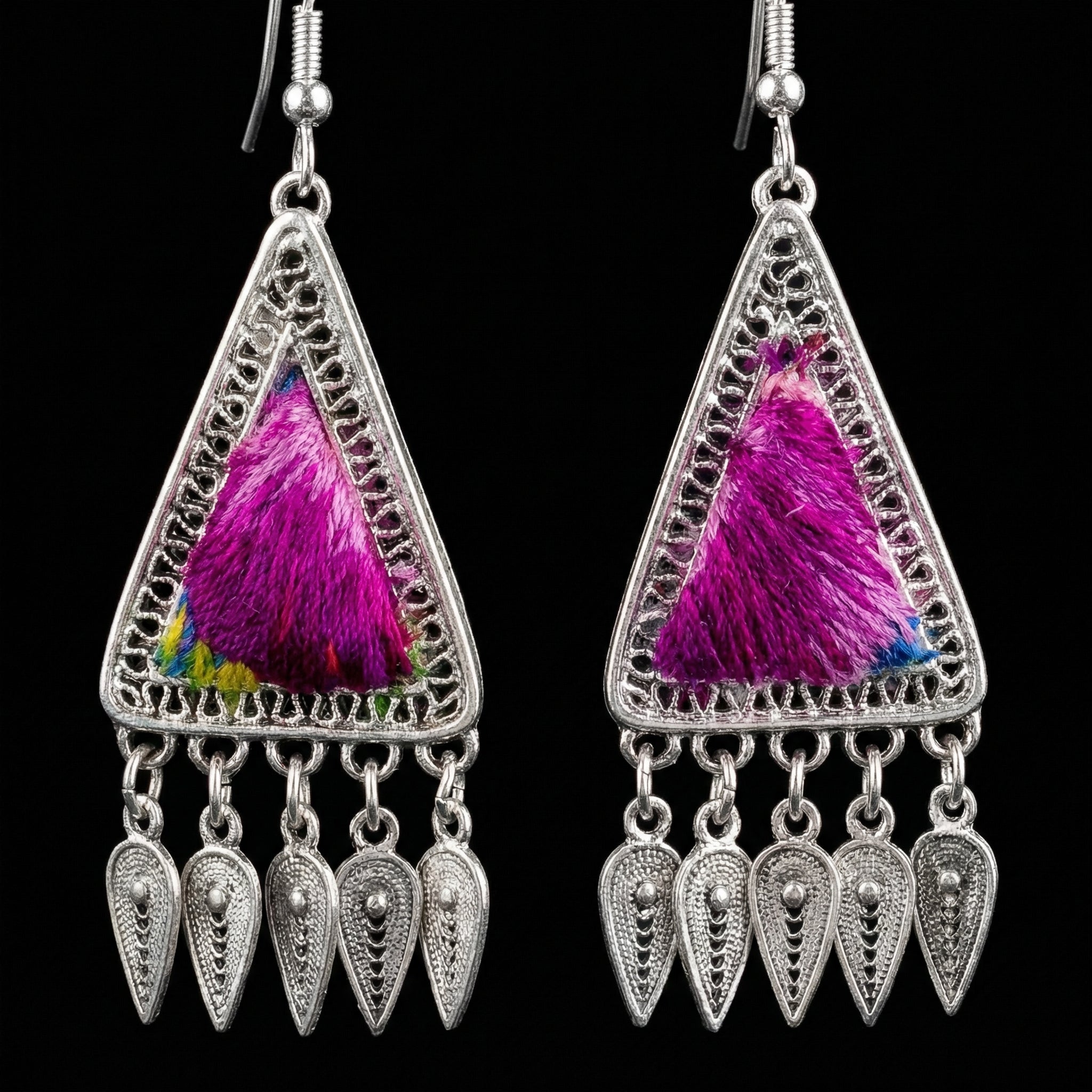 Miao Silver Earrings with Vintage Embroidery - Short Drop
