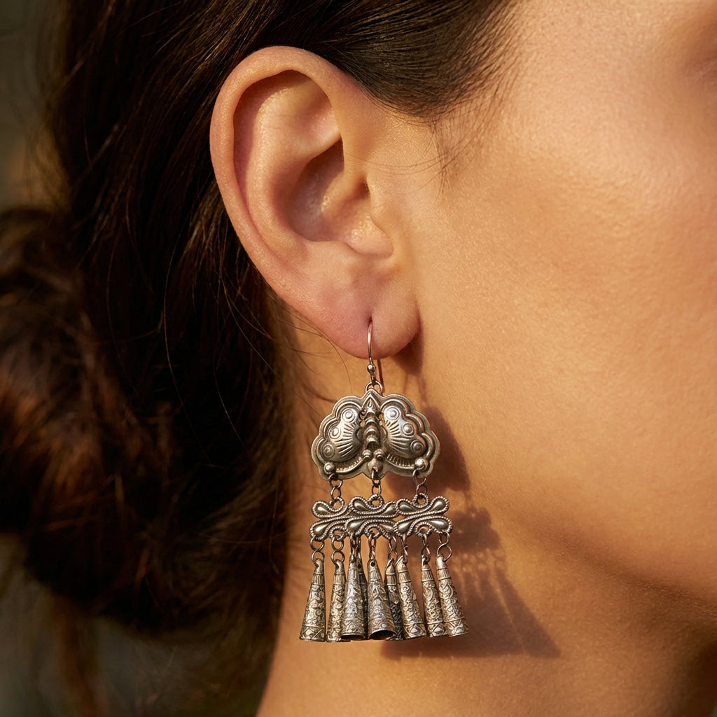 Miao Silver Earrings - Double Ornament Bells (Duality) | Ethnic Jewelry