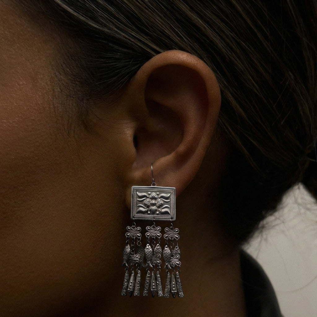 Miao Silver Earrings - Geometric Squares (Stability) | Ethnic Jewelry