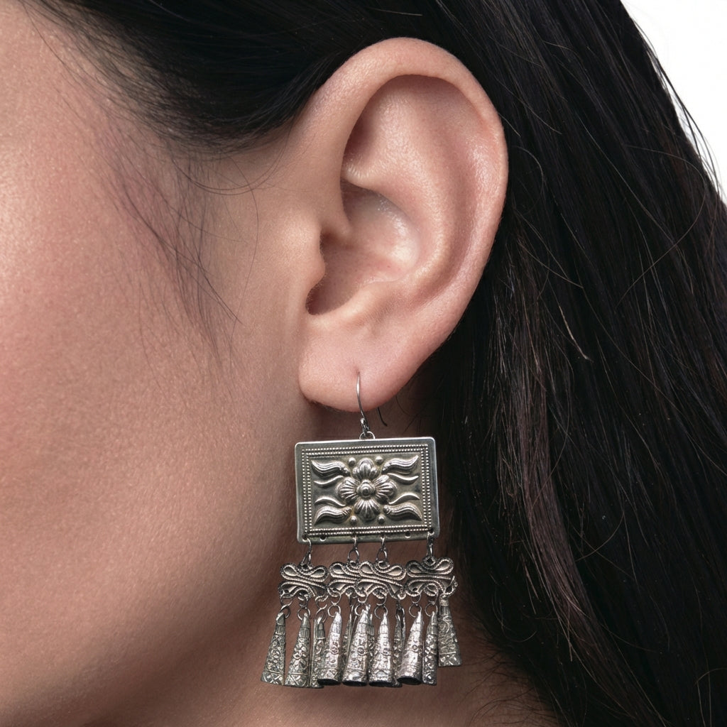 Miao Silver Earrings - Geometric Squares (Stability) | Ethnic Jewelry