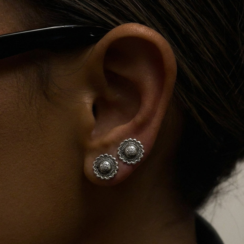 Miao Silver Earrings - Five-Petal Flower (Five blessings) | Ethnic Jewelry