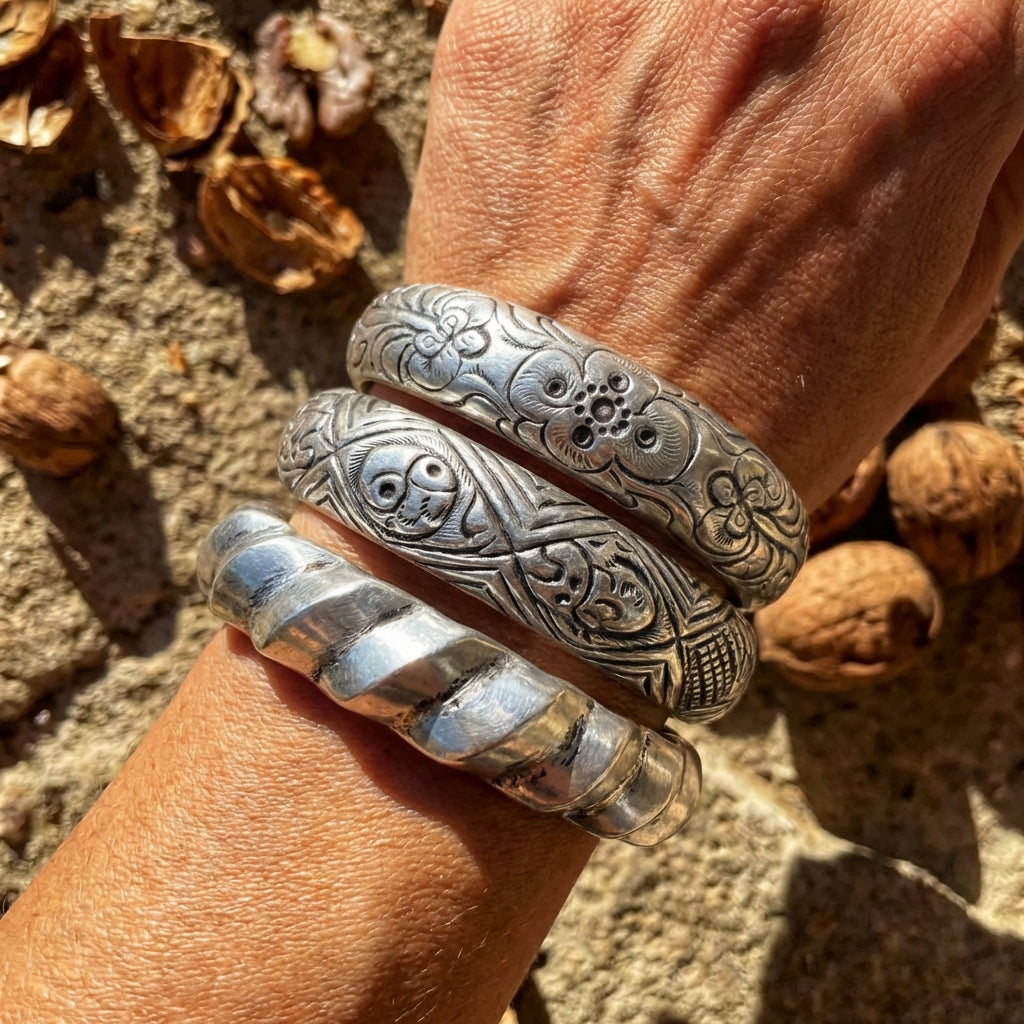 Miao Silver Hollow Carved Bangle - Wide Statement Cuff