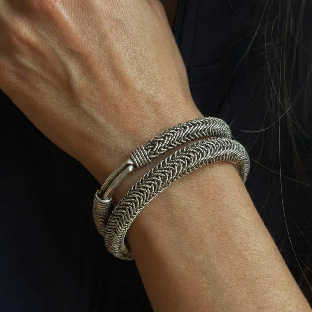 Miao Silver Twisted Wire Bracelet - Adjustable Open Cuff