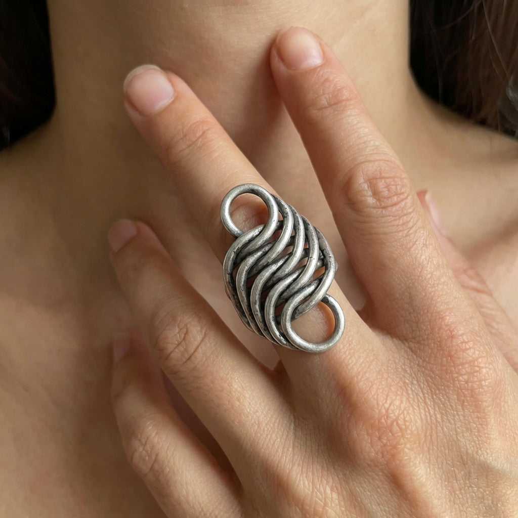 Miao Silver Statement Ring - Adjustable Bohemian Design